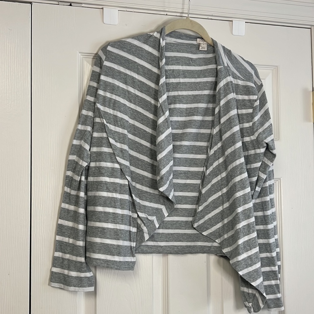 J. Crew grey white striped cotton lightweight long sleeve drape cardigan top M - Picture 2 of 8